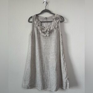 Rosemarine Italy M Gray 100% Linen Shift Dress‎ Floral Beaded Appliqué Boho
